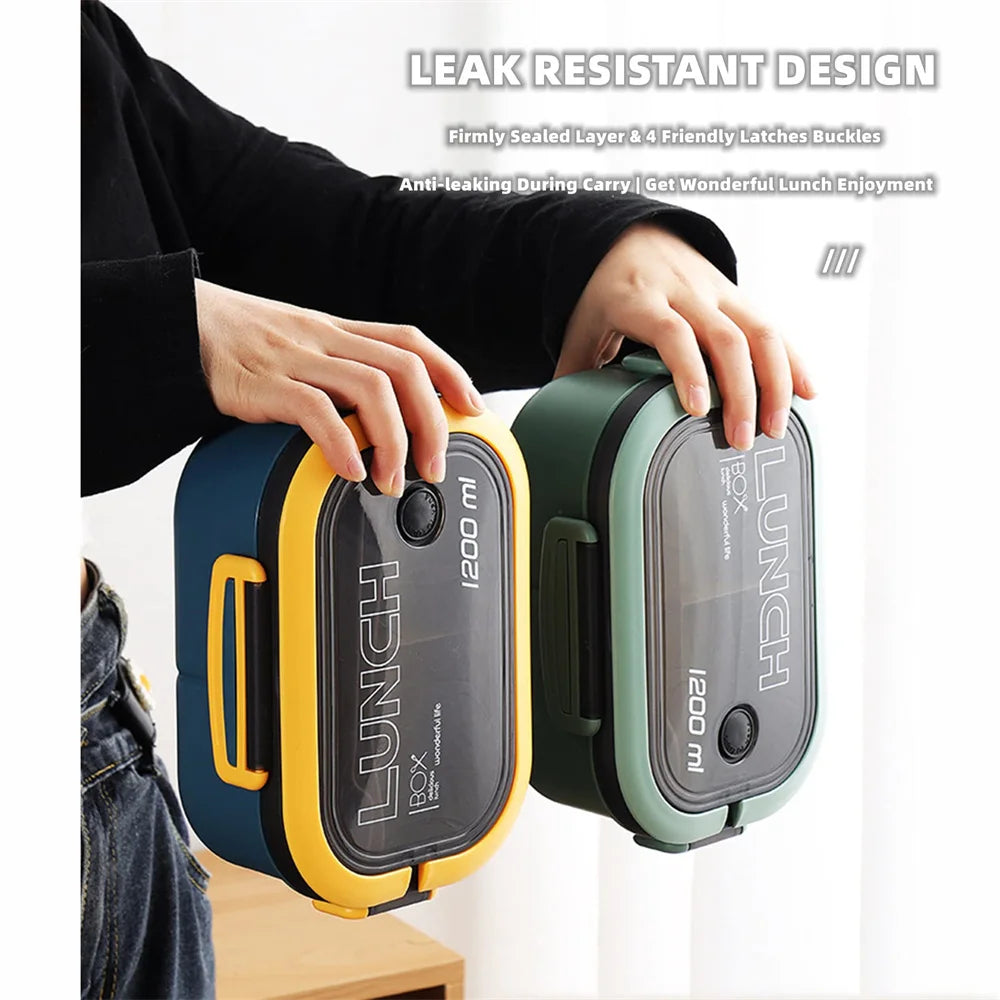 1200ml (1.2L / 40.6 fl oz) Double-Layer Bento Lunch Box with Spoon & Fork - Leakproof Compartmentalized Portable Lunchbox for Office, School & Camping