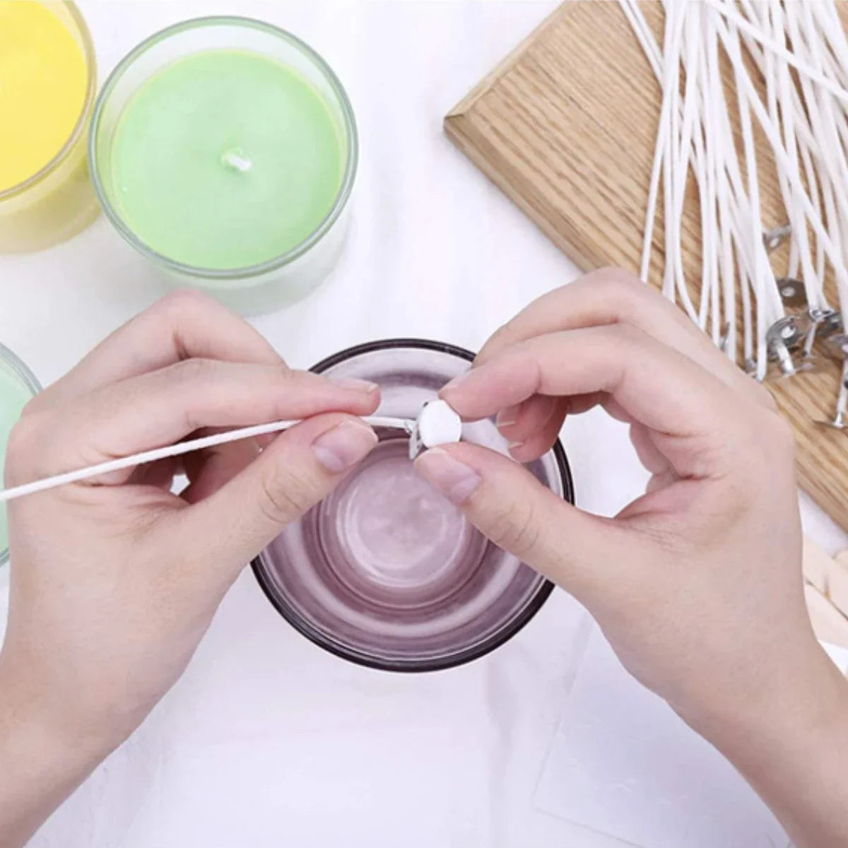 Pure Cotton Candle Wicks 100-Pack with Metal Wick Brackets & Silicone Punch Awl DIY Candle Making Kit
