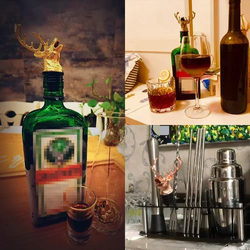 Deer Head Wine Pourer & Stopper - Stainless Steel Bottle Pour Spout for Wine & Champagne, Bar Accessory (Silver/Gold)