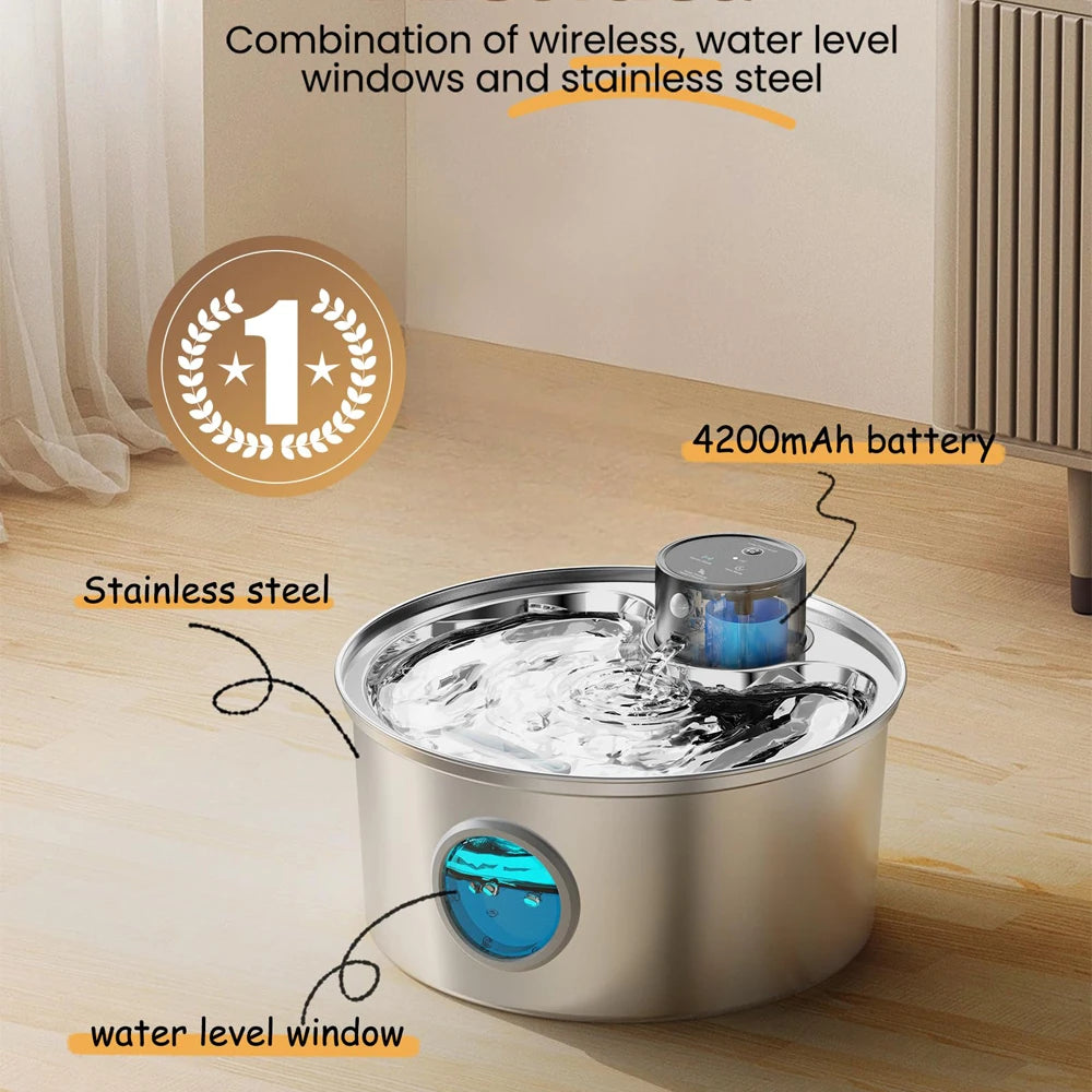 3.2L (108 fl oz / 0.85 gal) Rechargeable USB Stainless Steel Cat and Dog Water Fountain with Automatic Sensor for Multiple Pets