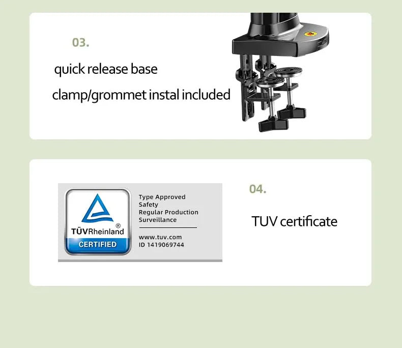 Gas Spring Dual Monitor Desk Mount 10-27 in (25-68 cm), 2-9 kg per Screen, 360° Rotation, VESA 75x75/100x100