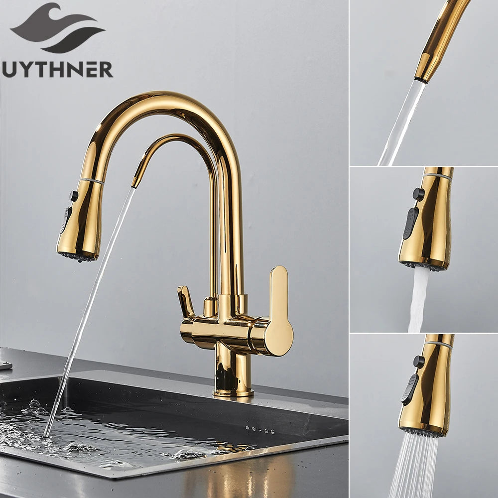 Brass Kitchen Water Filter Faucet Dual-Spout Mixer – 360° Swivel Filtered Drinking Tap, Hot & Cold