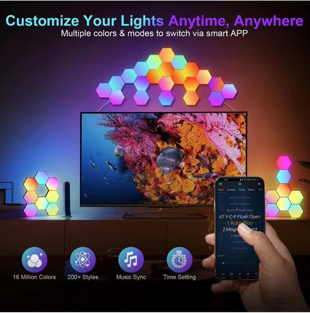 RGB Hexagonal Smart Wall Lamp – DIY Color-Changing Ambient Night Light with Music Sync & App Control for Game Room and Bedroom