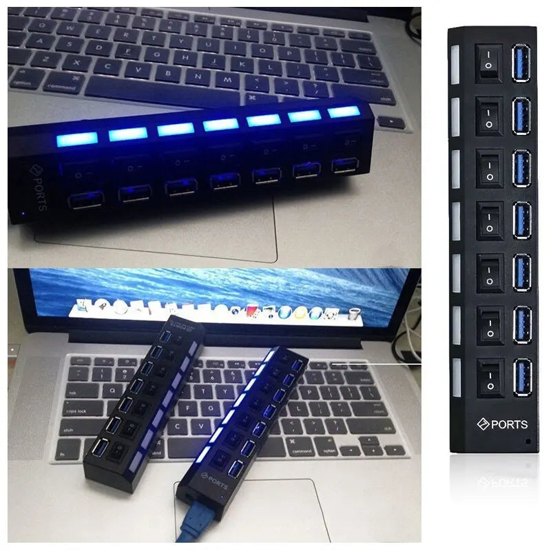 7-Port USB 2.0 Hub with Individual Switches & LED Indicators – USB Extension for PC Laptop Desktop