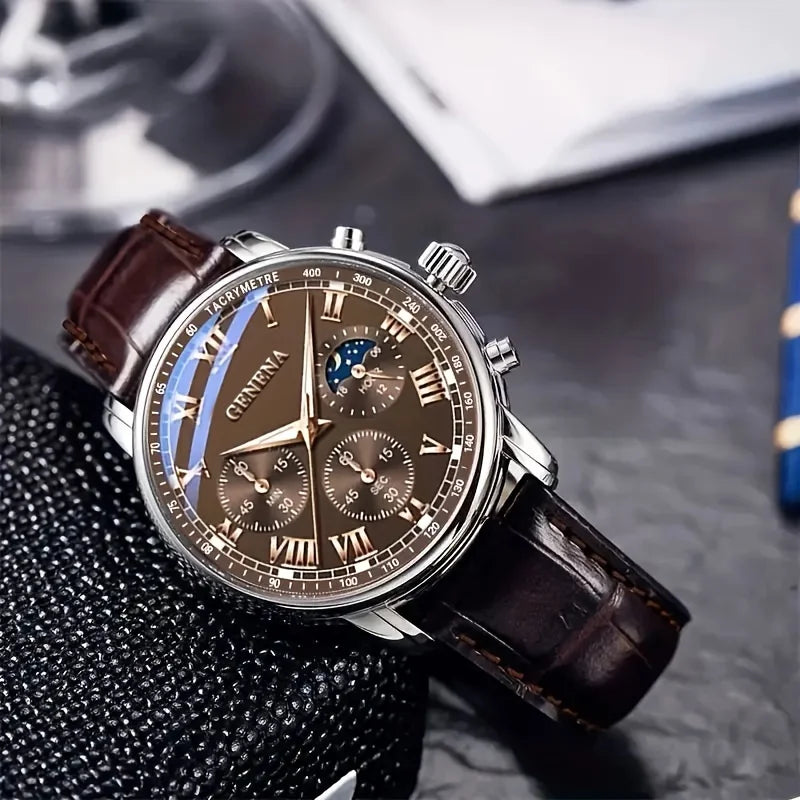 Men's Quartz Leather Strap Watch - 40mm Round Alloy Case, Business Casual Sport, Water-Resistant Luminous Dial