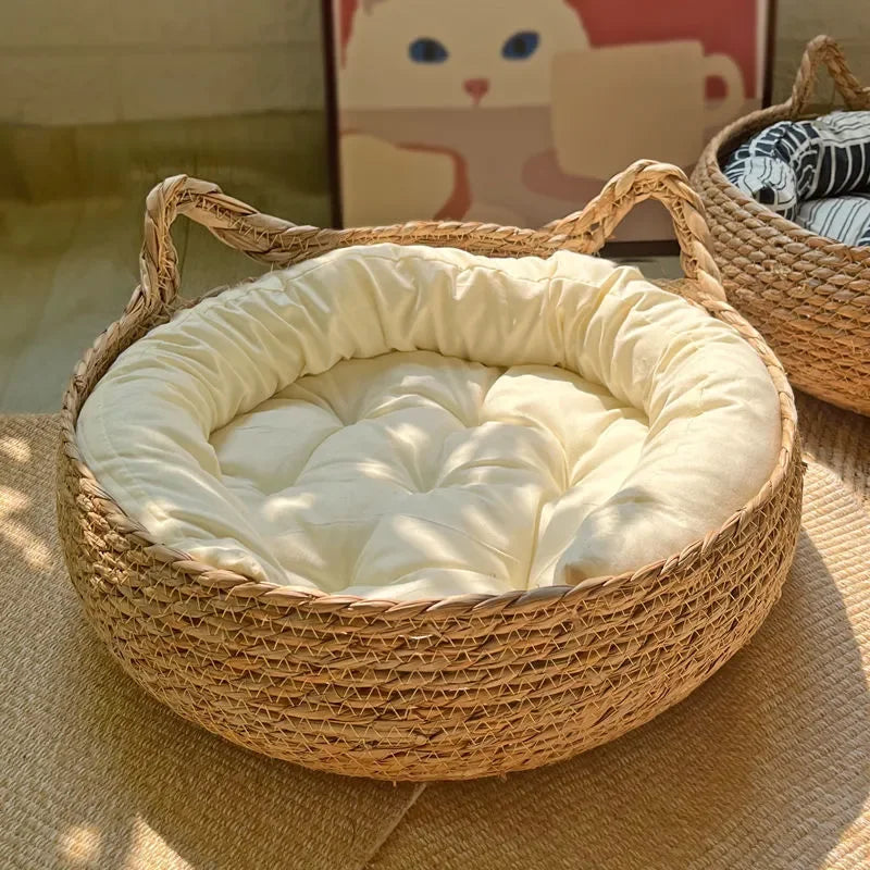 Handmade Vine-Woven Cat Nest Bed with Detachable Washable Pad, Four-Seasons Natural Straw Pet Bed