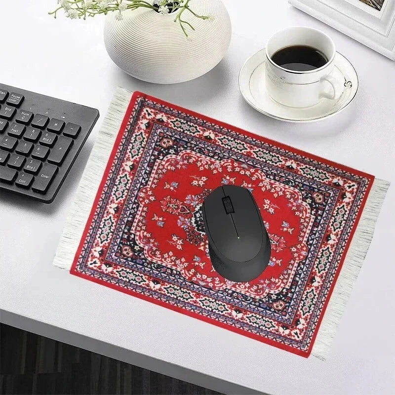 Woven Persian Flower Mouse Pad 9.1 x 7.1 in (23 x 18 cm) Non-Slip Rubber Desk Mat with Fringe — Retro Style