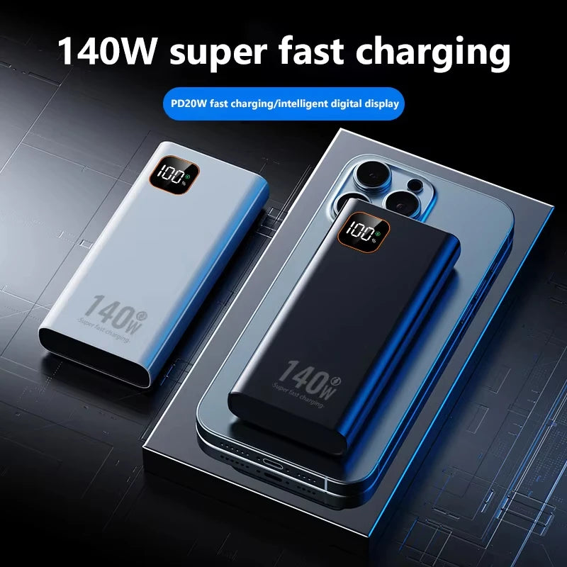 100000mAh 140W Portable Power Bank - Super Fast USB-C, Lightning & Triple USB Charger with Digital Display