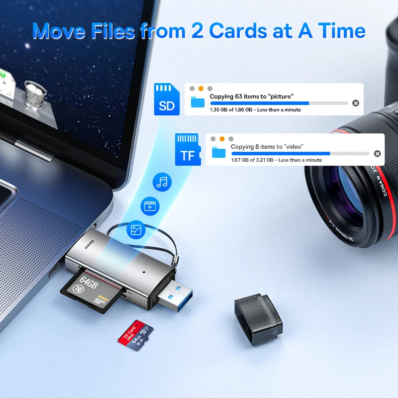 USB-C & USB 3.0 SD/MicroSD Card Reader - Dual SD/TF Slots, 104MB/s, Supports up to 2TB