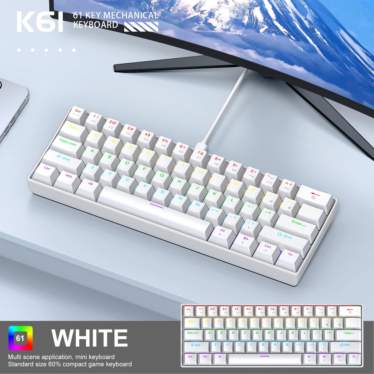 60% 61-Key Mechanical Keyboard Wired RGB – Compact Gaming Keyboard with Red/Blue Switches (Black, White)
