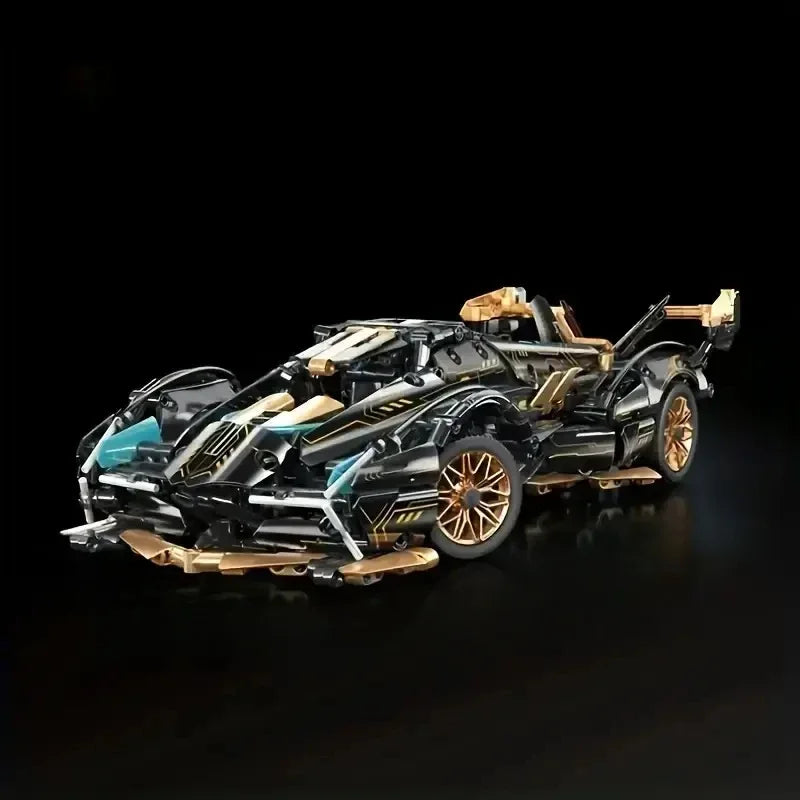 V12 Micro Building Block Racing Car Model – Black & Gold Desktop Collectible, Birthday Gift
