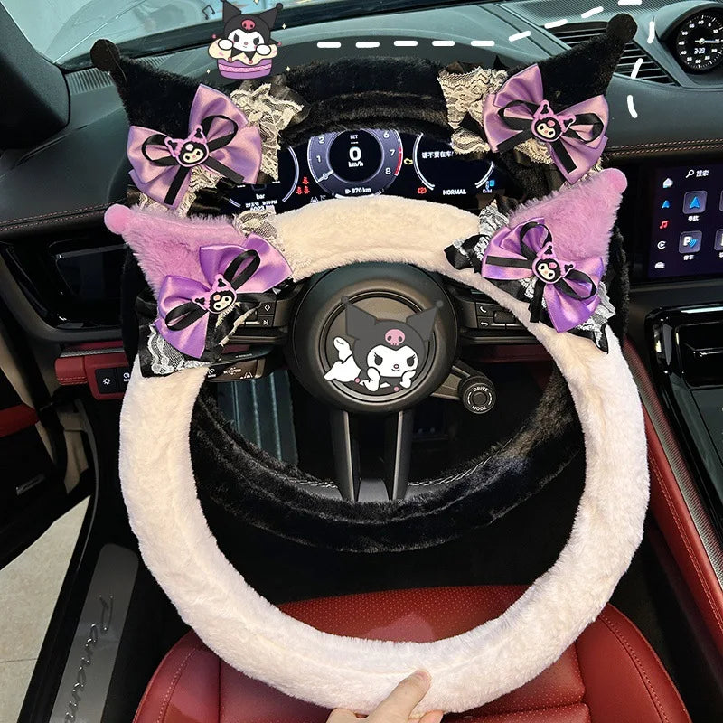 Kuromi Plush Steering Wheel Cover Soft Warm Anti-Slip 38cm (15 in) Car Accessory for Girls