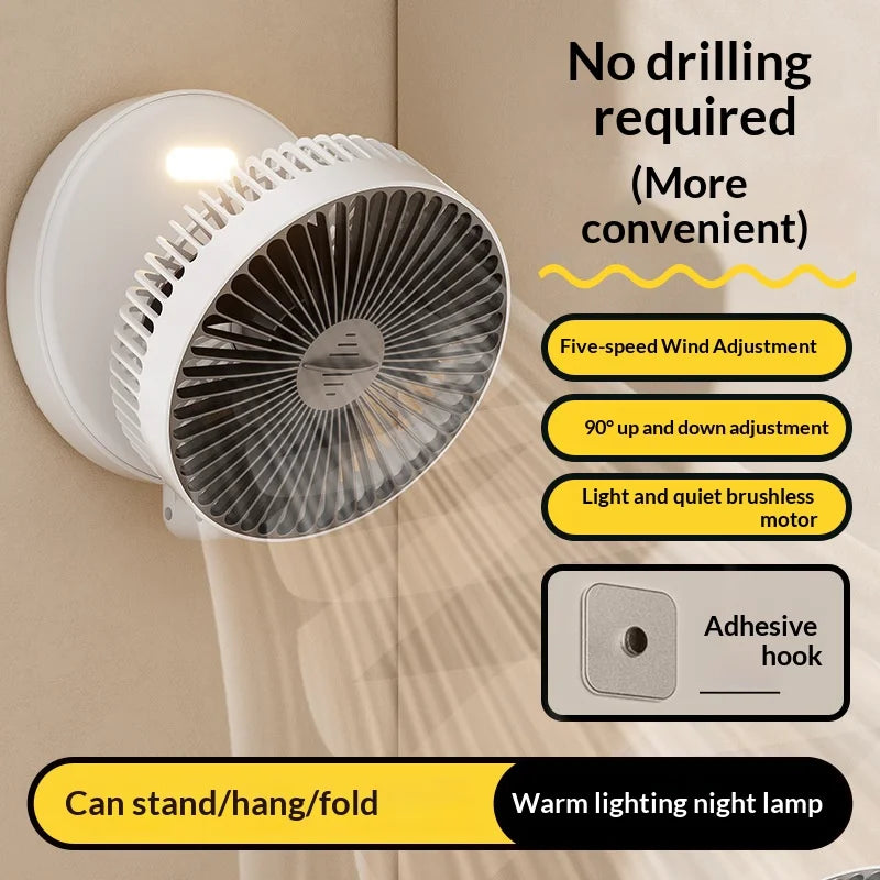 5000mAh Foldable Glow-in-the-Dark Rechargeable Wall-Mount Portable Quiet High-Speed Desk Fan for Office and Students