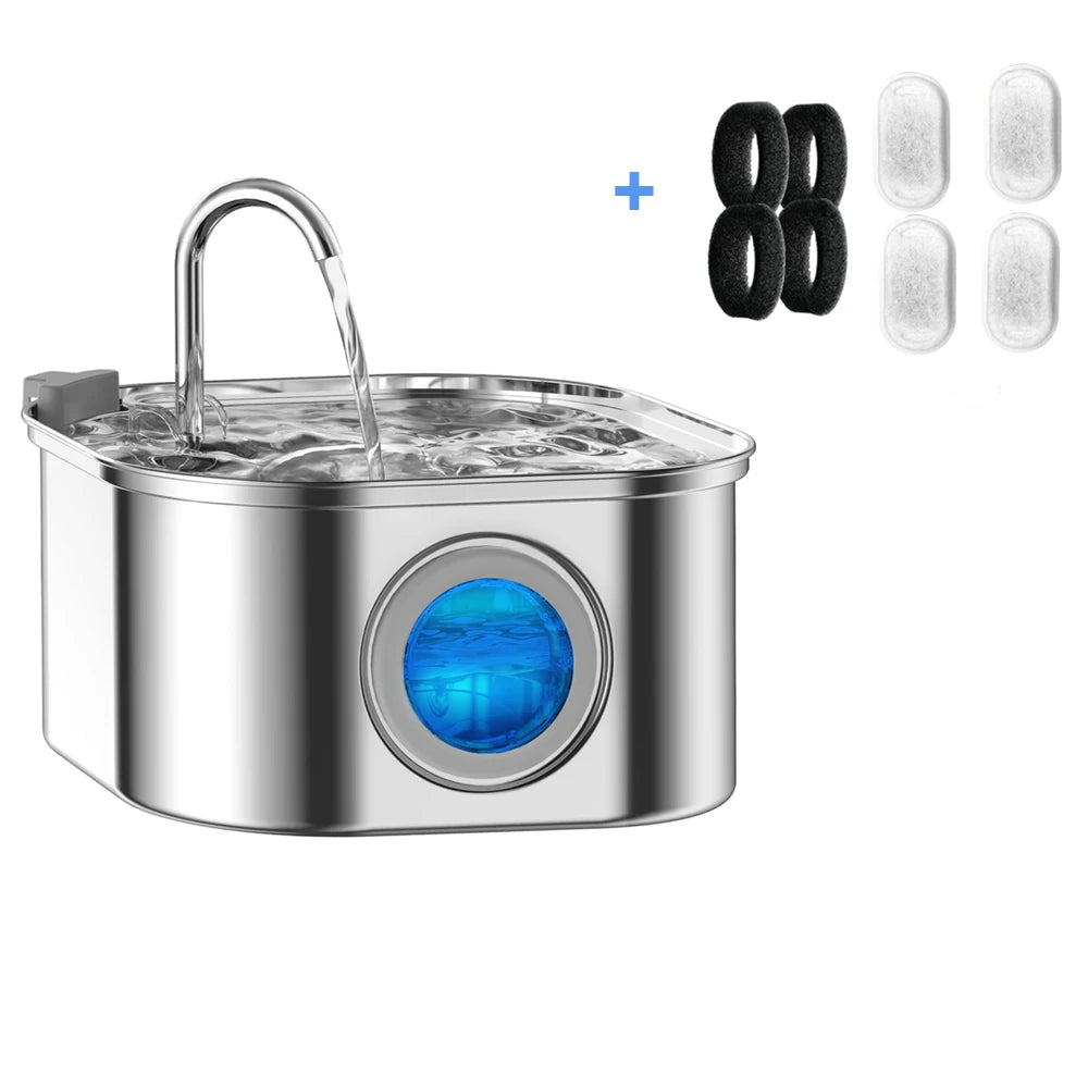 3.2L (3.4 qt / 108 fl oz) Stainless Steel Automatic Pet Water Fountain - Visual Window Cat & Dog Water Dispenser