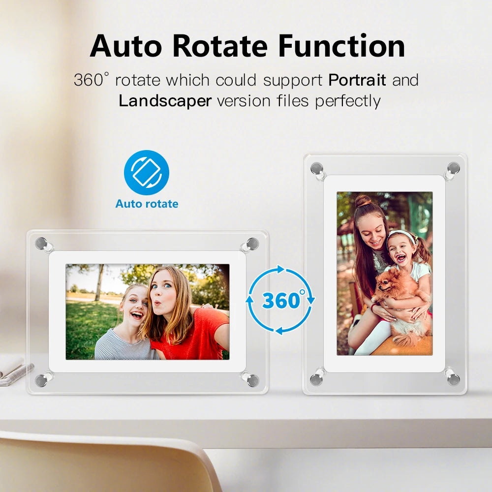 Acrylic Digital Photo Frame 5-inch (12.7 cm) & 7-inch (17.8 cm) IPS Screen 4GB Rechargeable Portable Picture Frame with Auto-Rotate