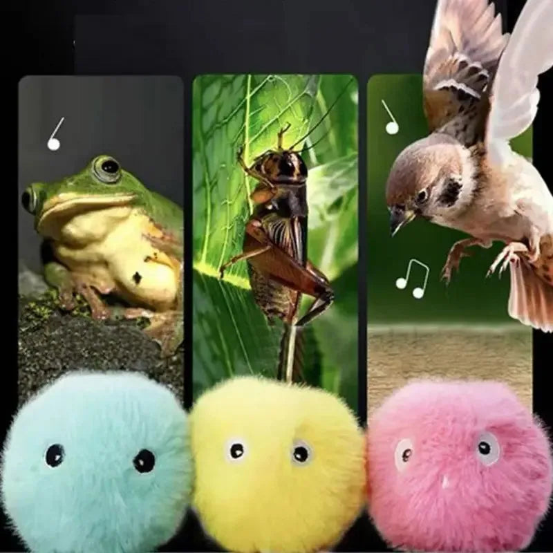Interactive Chirping Plush Ball Cat Toy – Frog, Bird & Cricket Sounds, 2.17 in (5.5 cm) Rolling Teaser