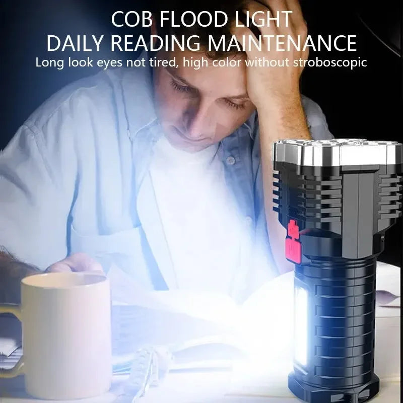 5-LED High Power Rechargeable Camping Flashlight with Side Light, 3 Modes — 100–200m (328–656 ft) Range