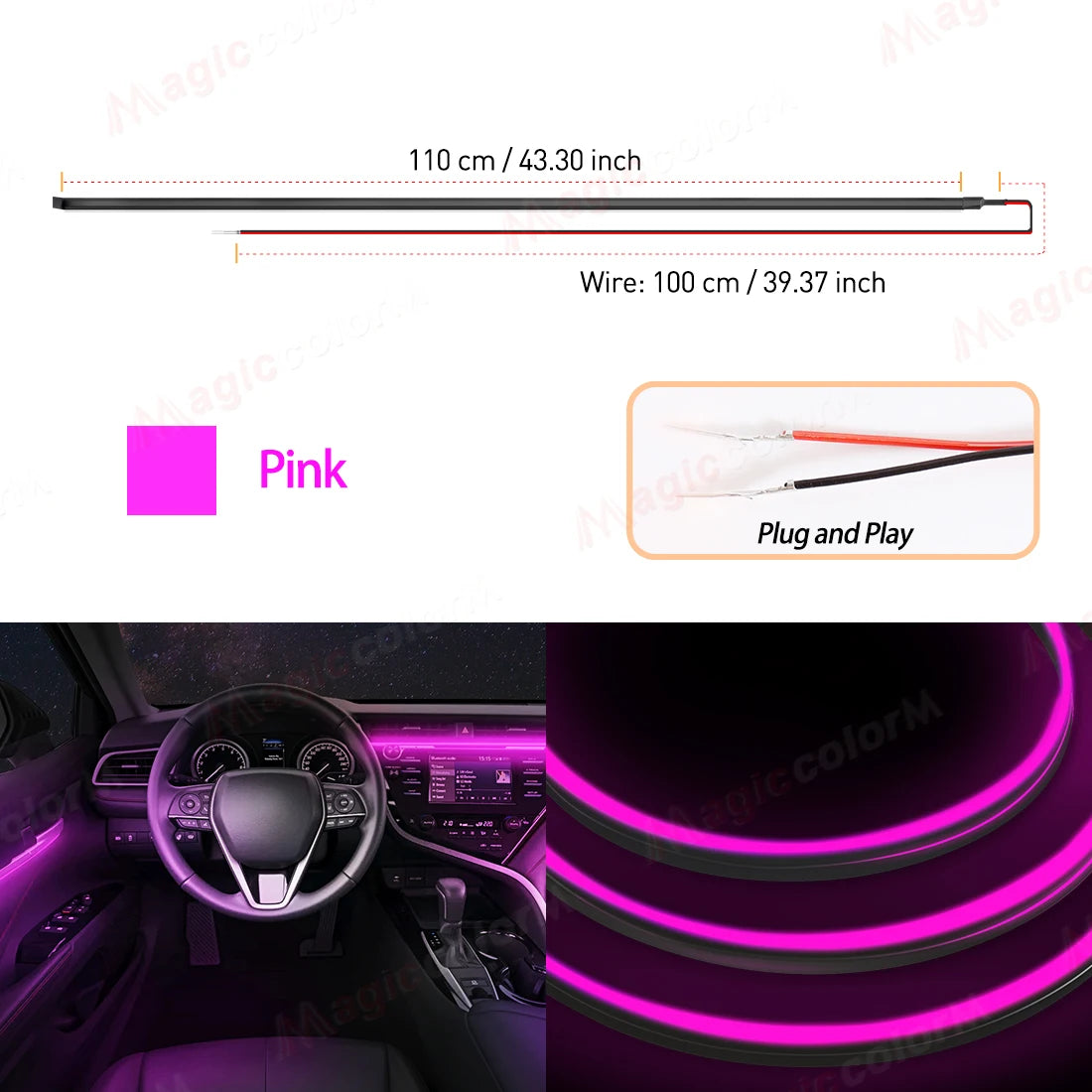Car Interior Ambient LED Strip 110cm (43.3in), Universal DIY Flexible Cuttable Acrylic Lighting