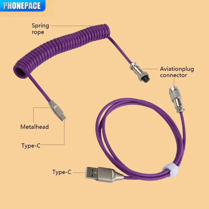 Coiled USB-C Keyboard Cable with Detachable Aviator Connector — 3 m (9.8 ft) Mechanical Keyboard Cord