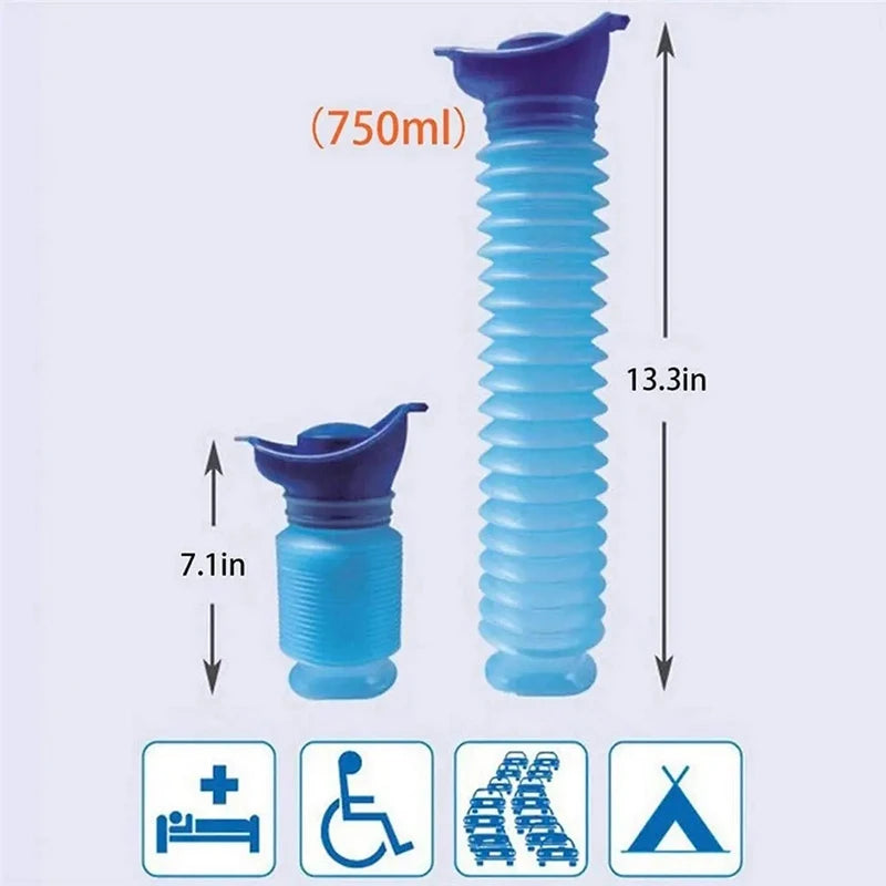 Size comparison of collapsible urinal funnel showing 750ml capacity