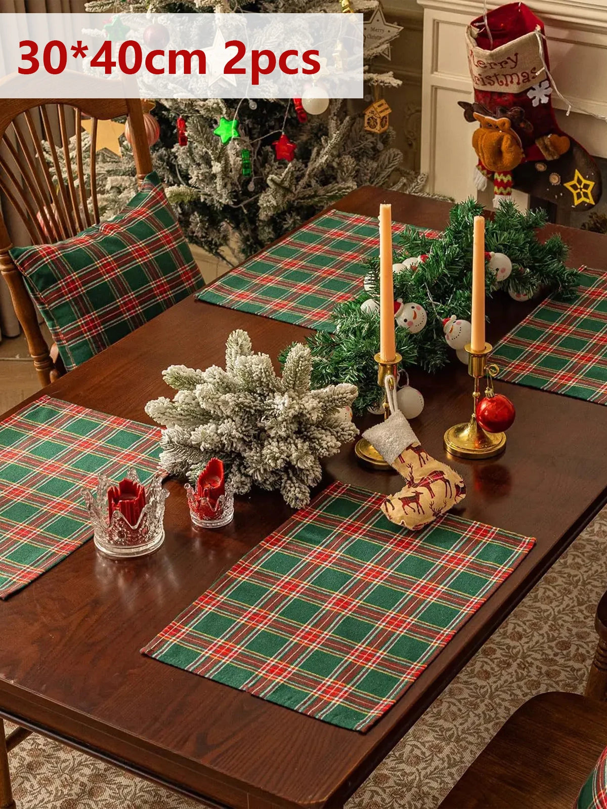 Christmas Tartan Plaid Placemats - 2/6/12 Pack Washable Table Mats for Holiday Dining & Party Decor
