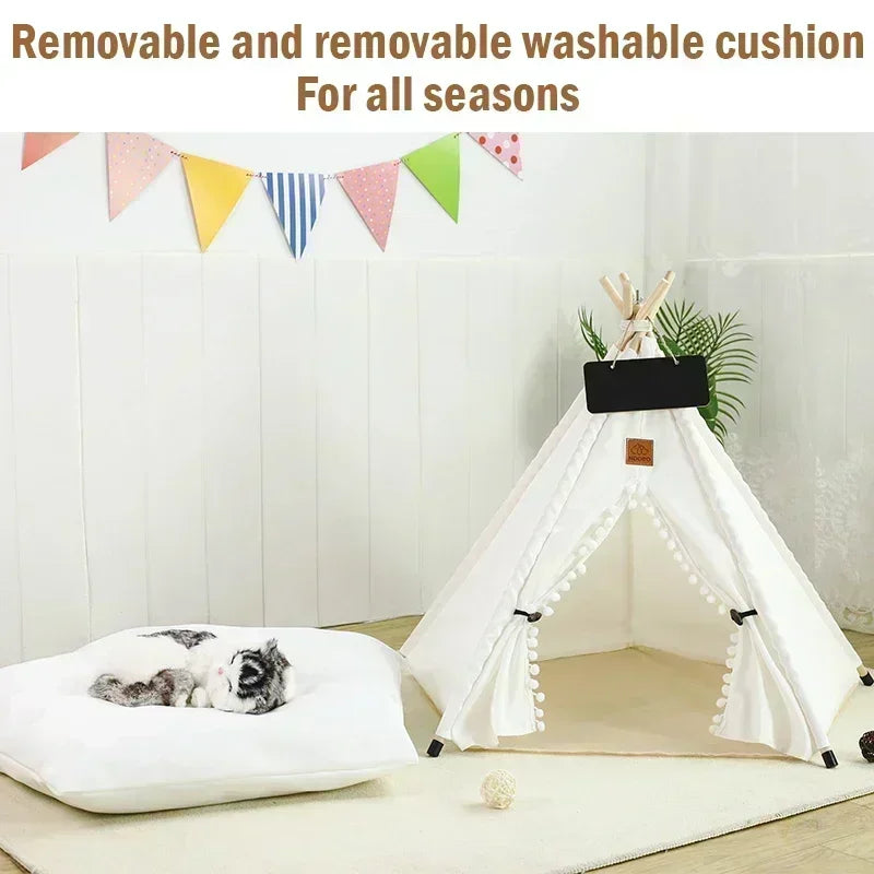 Pet Teepee Tent for Cats & Small Dogs - Portable Washable Indoor Pet Bed with Removable Cushion & Chalkboard (S ≤11 lb/5 kg, M ≤22 lb/10 kg, L ≤33 lb/15 kg)
