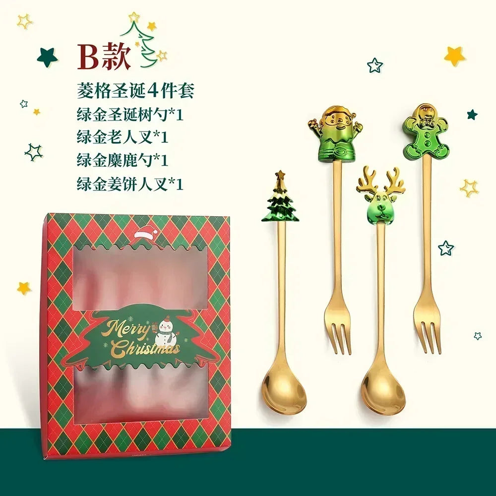 4-Piece Stainless Steel Christmas Cutlery Set – Spoon & Fork Holiday Table Decor with Elk & Tree Ornaments