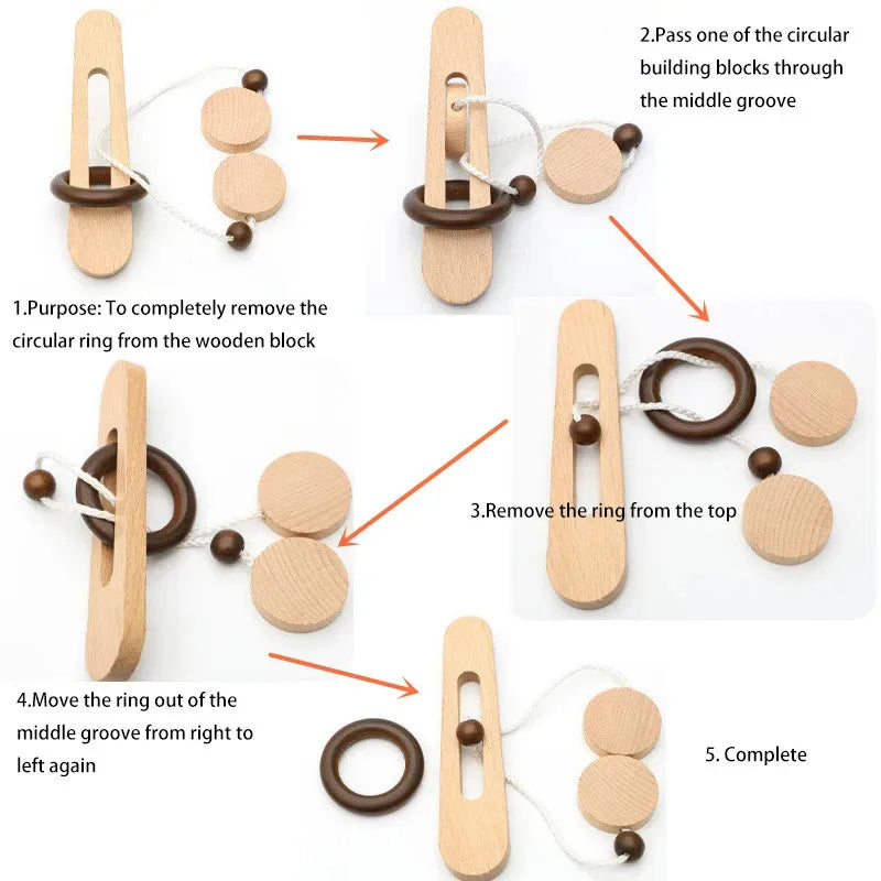 Wooden Ring Puzzle Brain Teaser - Unlocking Logic Game & Hands-On Learning Toy for Teens & Adults