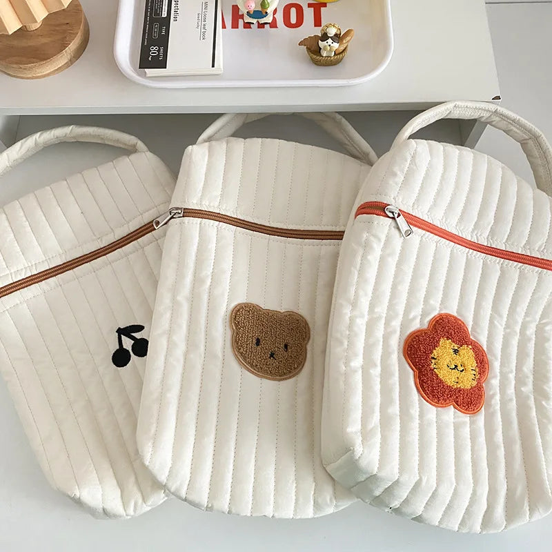 Cotton Bear Print Diaper Bag for Mom - Beige Maternity Nappy Organizer Tote with Zipper
