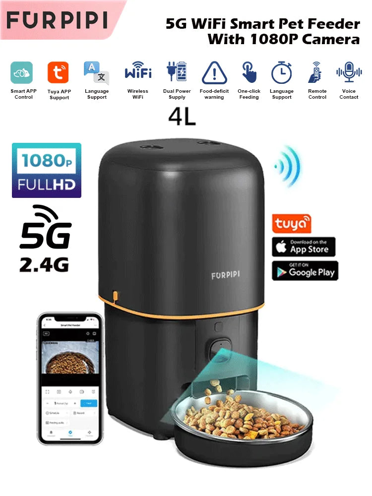 Smart Pet Feeder with 1080P Camera — Dual-Band WiFi (2.4/5GHz) App-Controlled Automatic Cat & Dog Kibble Dispenser, Voice Call & Portion Control