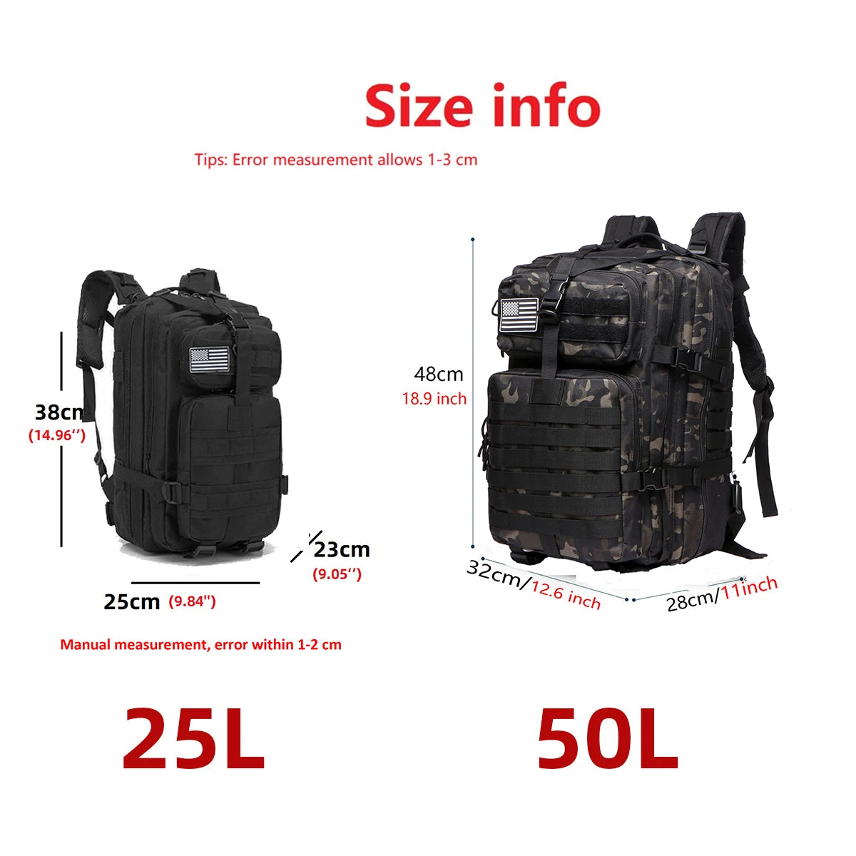 25L & 50L Waterproof Nylon Tactical Backpack - Hiking Camping Trekking Fishing Rucksack with MOLLE