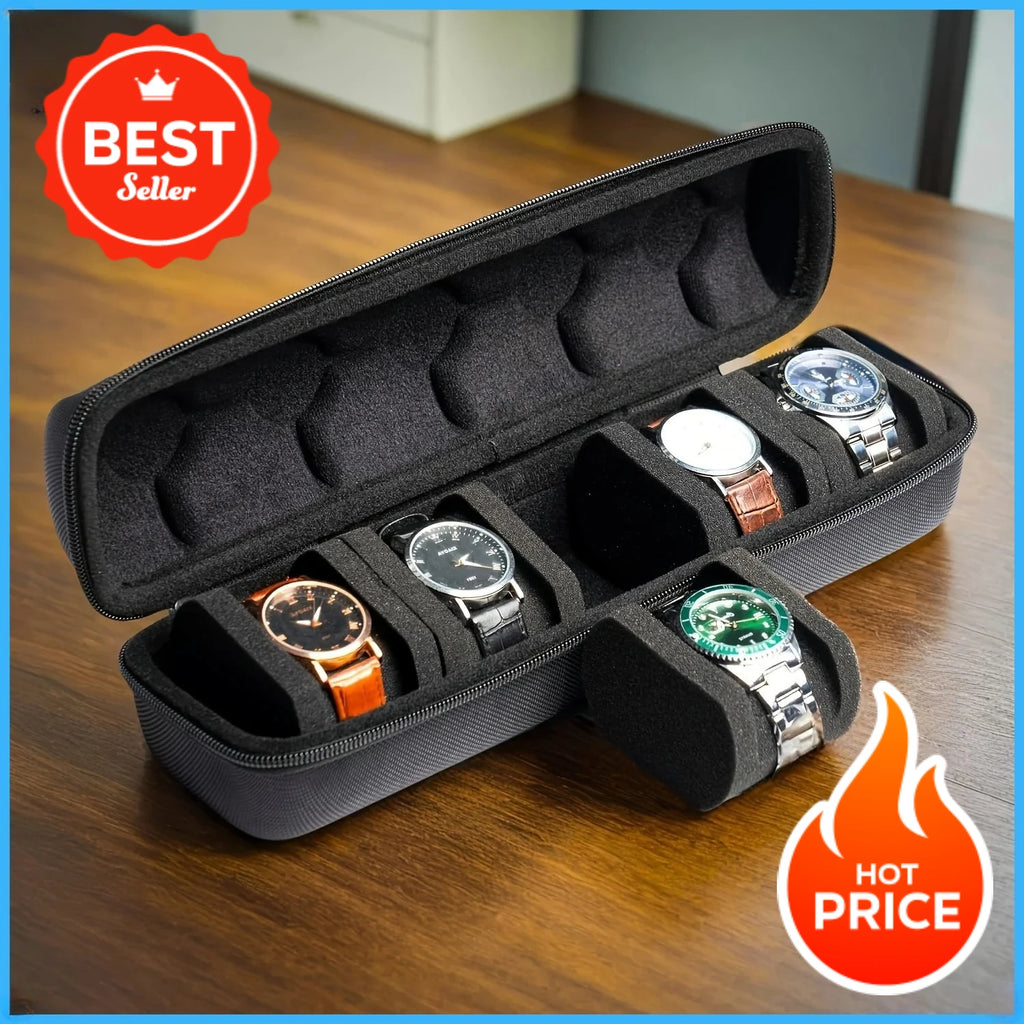5-Slot Hard Shell Travel Watch Case with Pillow Inserts Black - Smartwatch Organizer Gift Box