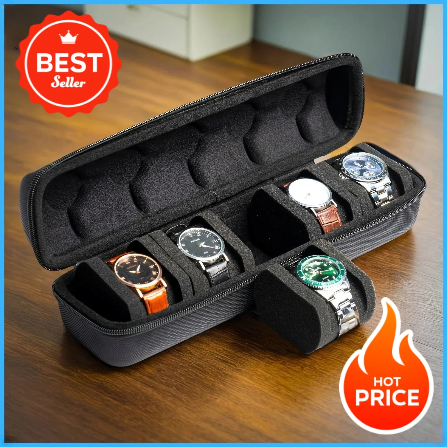 5-Slot Hard Shell Travel Watch Case with Pillow Inserts Black - Smartwatch Organizer Gift Box