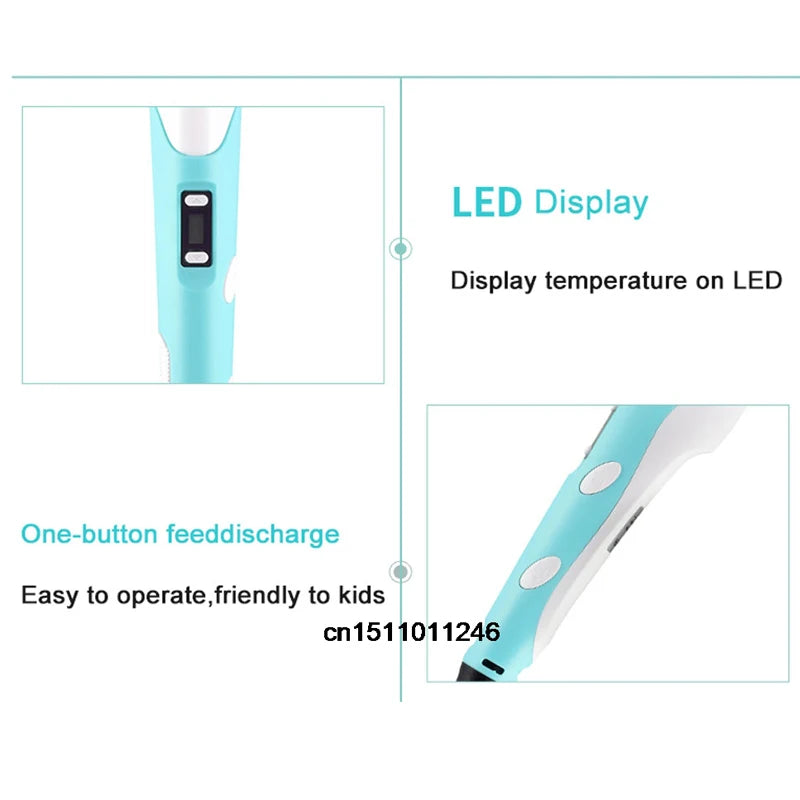 3D Printing Pen with LED Display – PLA 1.75mm Compatible, Adjustable Temp & Speed, USB 5V/2A Kids DIY Art Tool