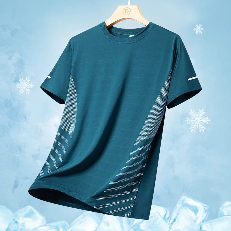 Men's Running T-Shirt Ice Silk Quick-Dry Breathable Mesh Short Sleeve Athletic Tee with Reflective Print