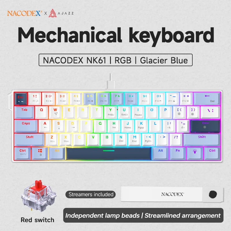 60% Mechanical Gaming Keyboard 61-Key Wired RGB Hot-Swappable Red Switch Mini Keyboard for PC