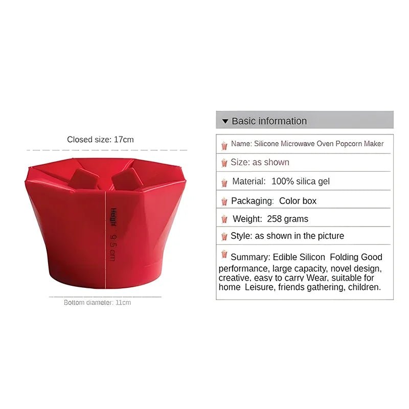 Foldable Silicone Popcorn Bowl - Microwave-Safe Collapsible Popcorn Maker, 6.7 x 3.7 in (17 x 9.5 cm)