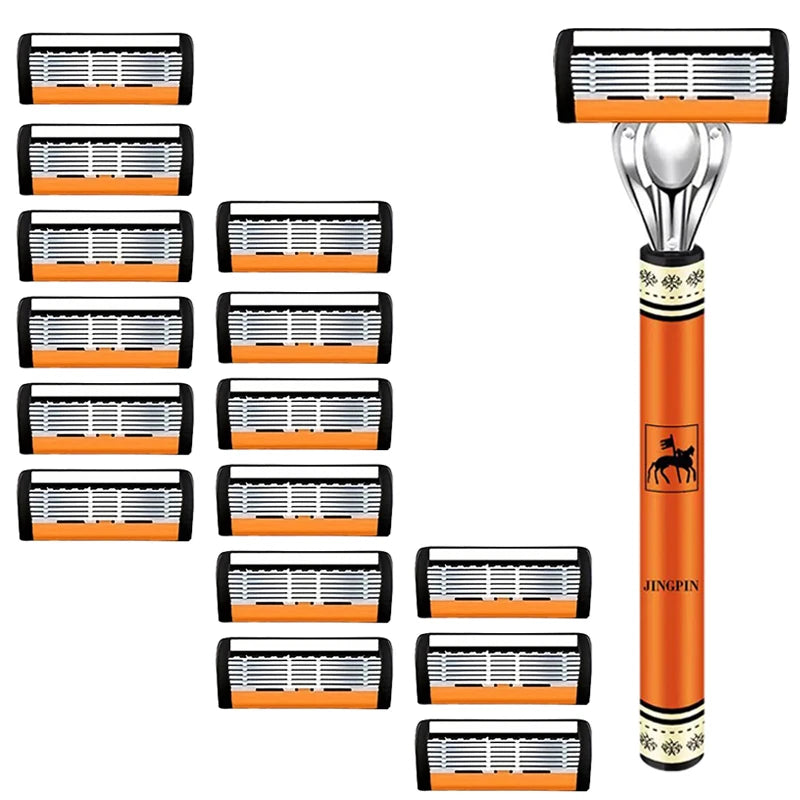 6-Layer Stainless Steel Safety Razor Set for Men - Replaceable Blade Head, Manual Shaving