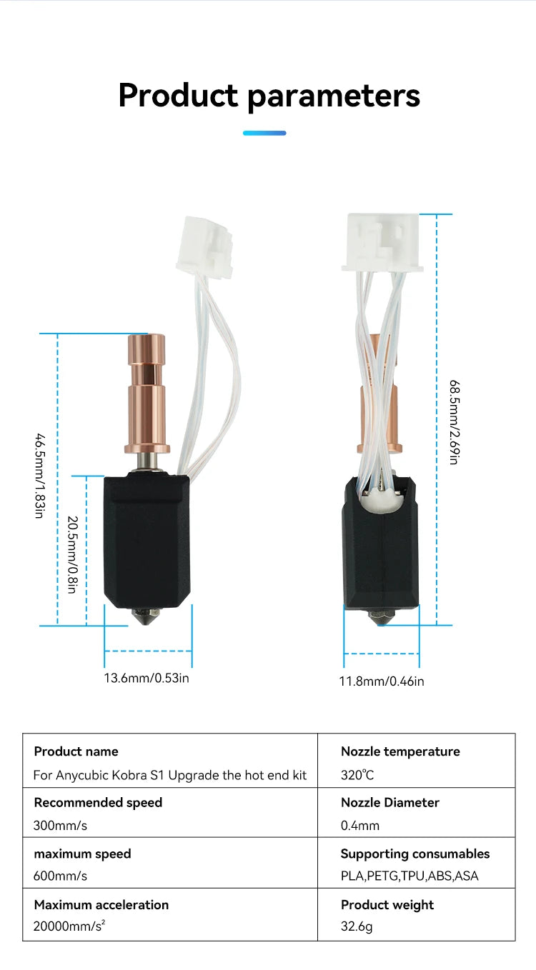 Ceramic Hotend Upgrade Kit for Kobra S1 & S1 Combo — 24V 48W 200K Thermistor Fast-Heating up to 300°C