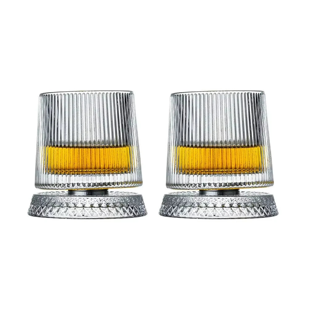 2-Pack 360° Rotating Whiskey Glasses with Glass Base – Crystal Cocktail & Rum Tumblers