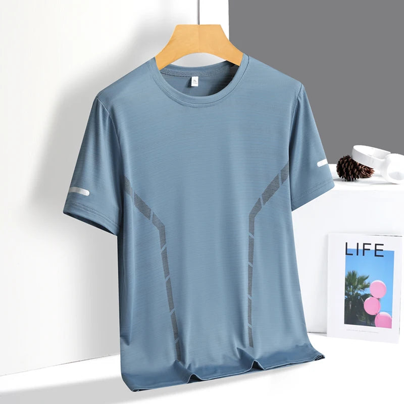 Men's Running T-Shirt Ice Silk Quick-Dry Breathable Mesh Short Sleeve Athletic Tee with Reflective Print