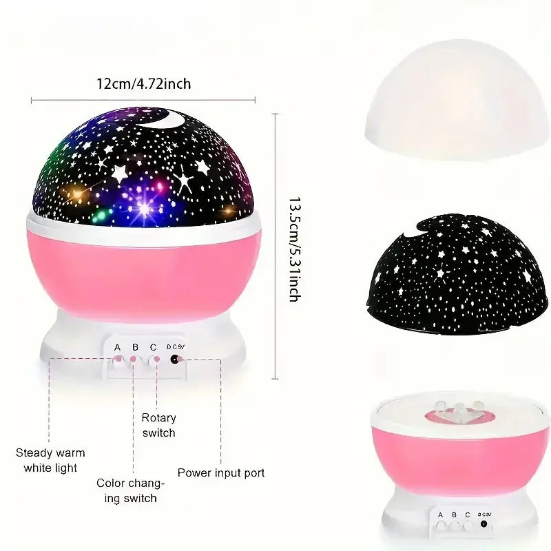 Starry Night Projector Lamp with Moon and Stars 360° Rotating LED Night Light 9 Color Modes USB or 3 AA Battery Powered