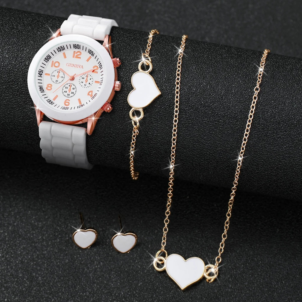 5/6-Piece Women's Quartz Watch Jewelry Gift Set – Silicone Band Watch with Bracelet, Necklace & Earrings