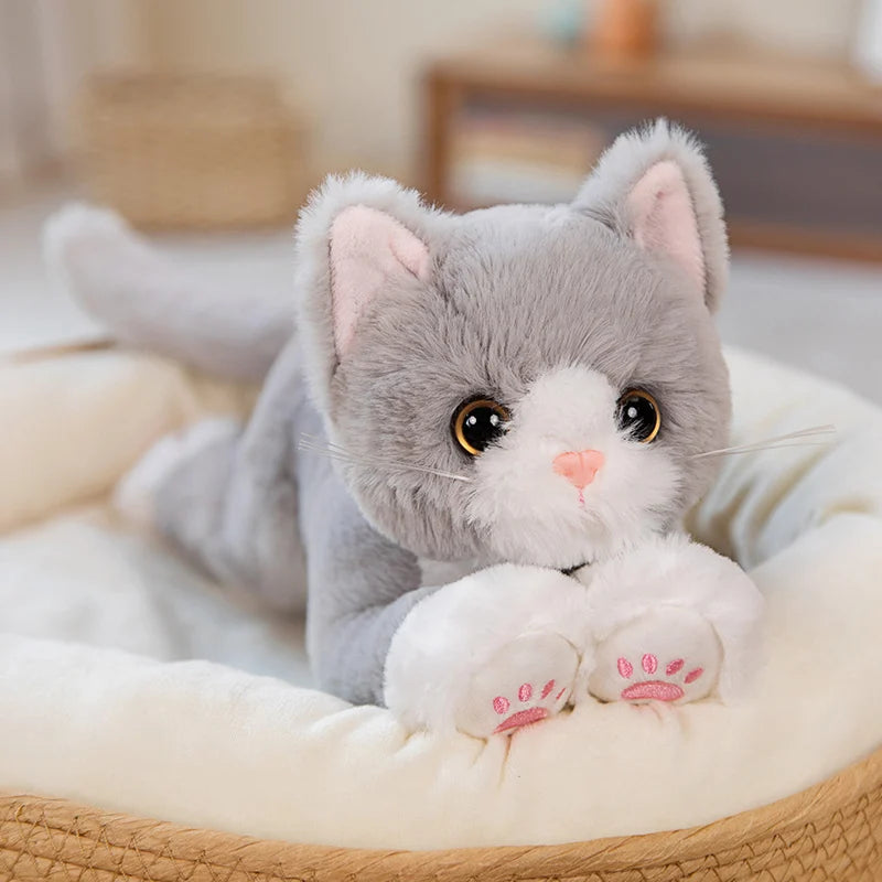 53 cm (21 in) Realistic Cat Plush Pillow – White & Gray Kitten Stuffed Animal Gift for Kids & Room Decor
