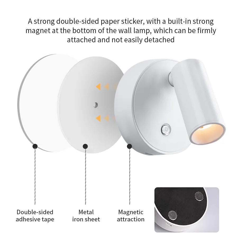 USB Rechargeable Magnetic LED Cordless Wall Light – Touch Dimmable Bedside Reading Lamp (Black/Gold/Silver/Orange/Coffee/White)
