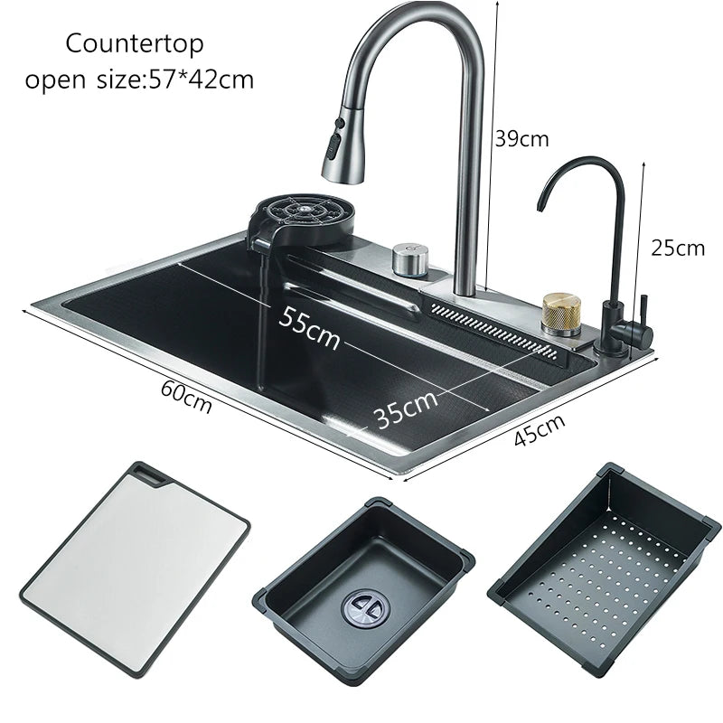 304 Stainless Steel Waterfall Kitchen Sink Large Single Bowl Undermount 60 x 45 cm (23.6 x 17.7 in) Brushed Finish Faucet Set 3-Way Pull-Out Sprayer