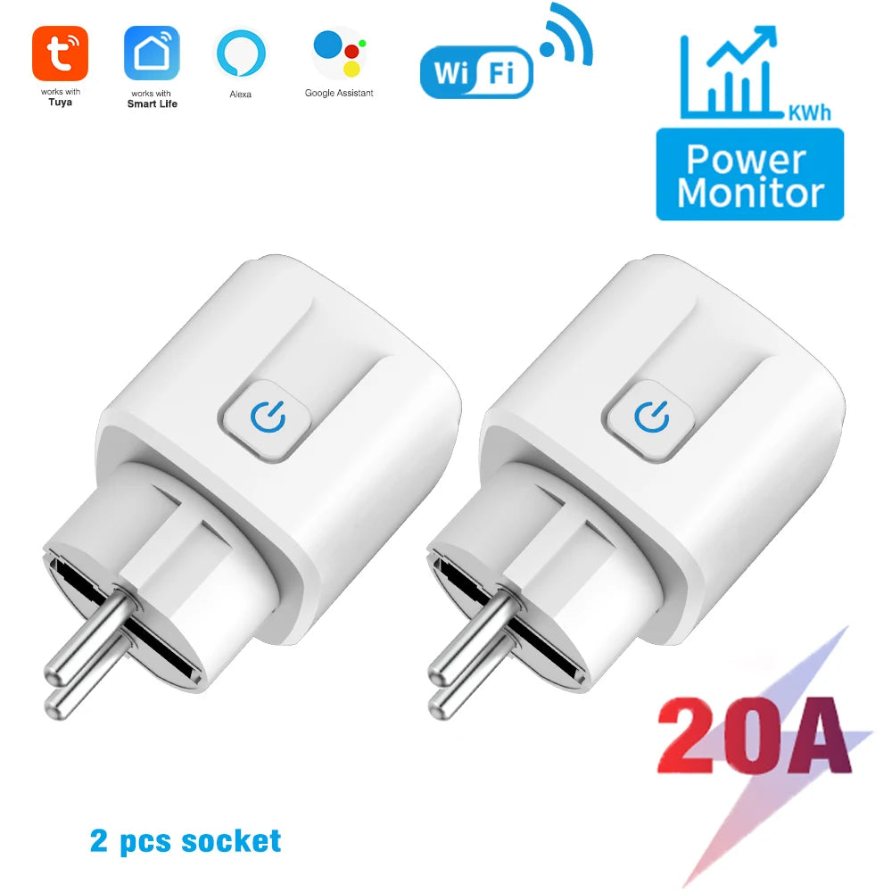 Smart WiFi Dual Outlet Wall Socket 16A/20A – Voice Control with Google & Alexa, Timer & Energy Monitoring (EU Plug)