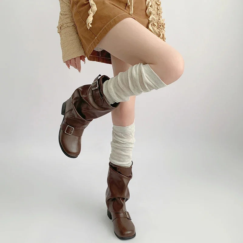 Women's Gray Knit Calf Leg Warmers - Cotton-Blend Ballet Pile Socks for Autumn