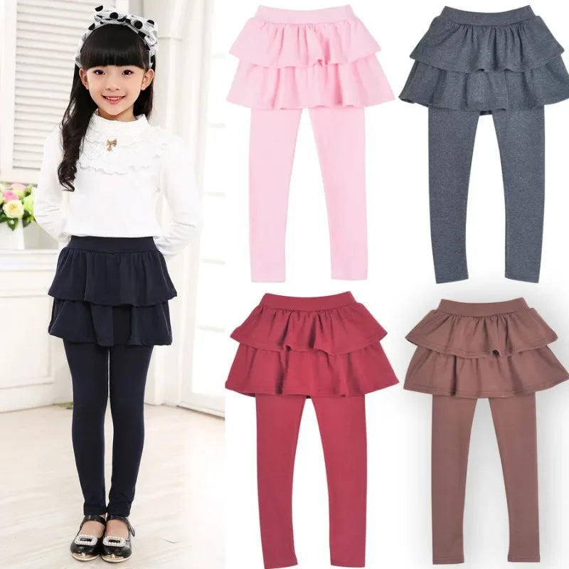 Girls Skirted Leggings - Cotton-Blend Ruffled Cake Skirt Pants for Ages 3–11 (Spring/Autumn)