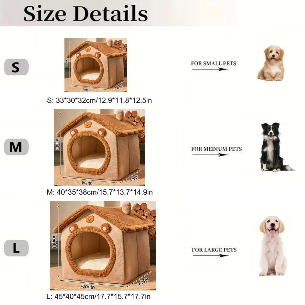Teddy Bear Plush Enclosed Pet Bed – Cozy Cat & Small Dog Nest, Brown